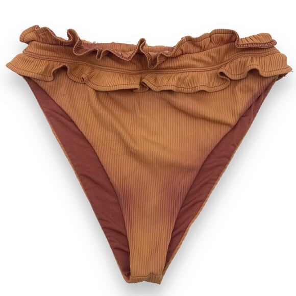 Beach Riot Ivy Bikini Bottom M Ribbed Ruffle High Waist Swimsuit USA Rust Orange - Picture 1 of 5